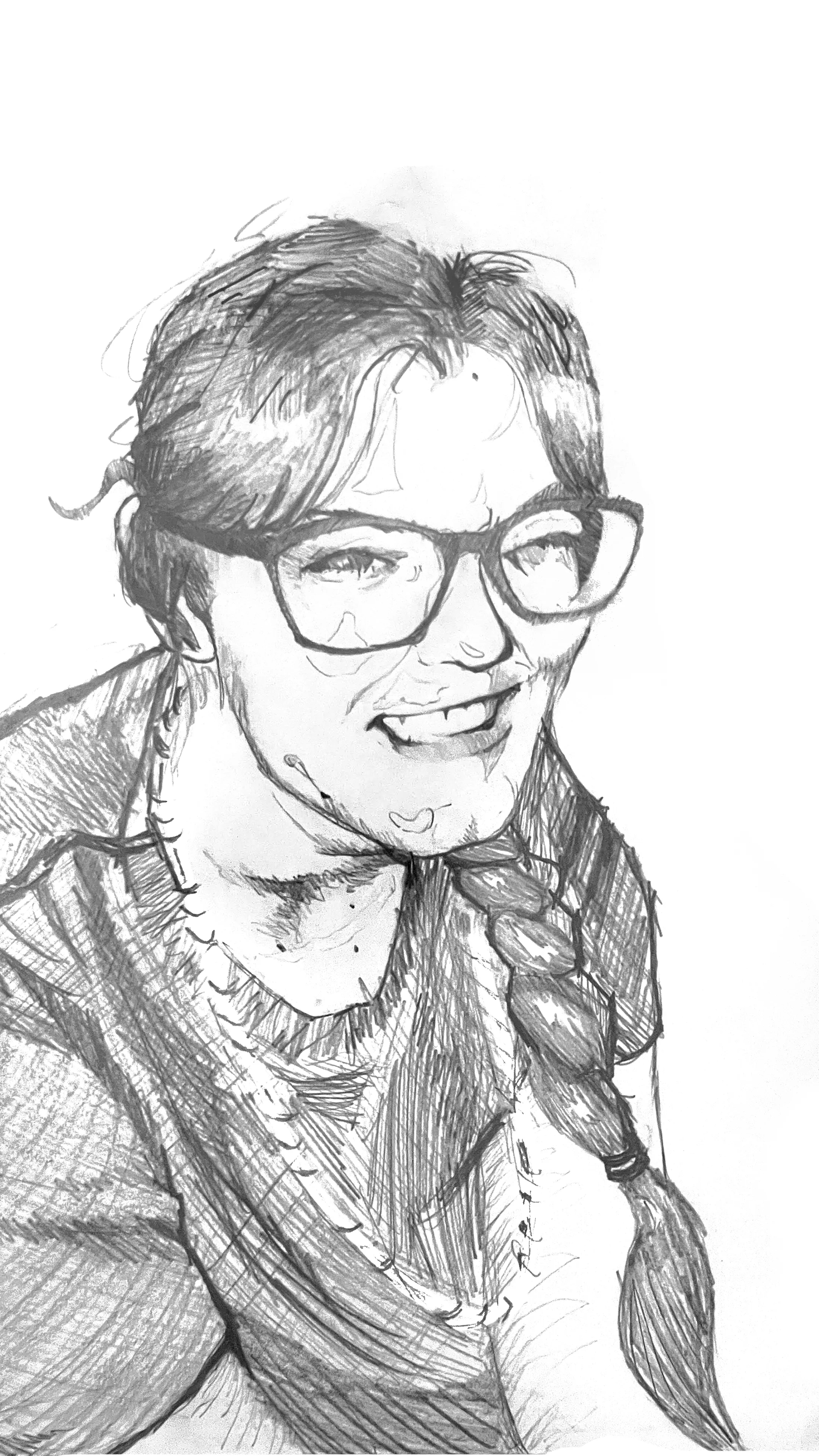 Pencil sketch of a smiling person with glasses and a braid. They wear a textured sweater, and the relaxed pose conveys a friendly tone.